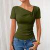 Women's Short-sleeved Asymmetric Collar Pleated Decorative Fitted Blouse Casual T-shirt Top