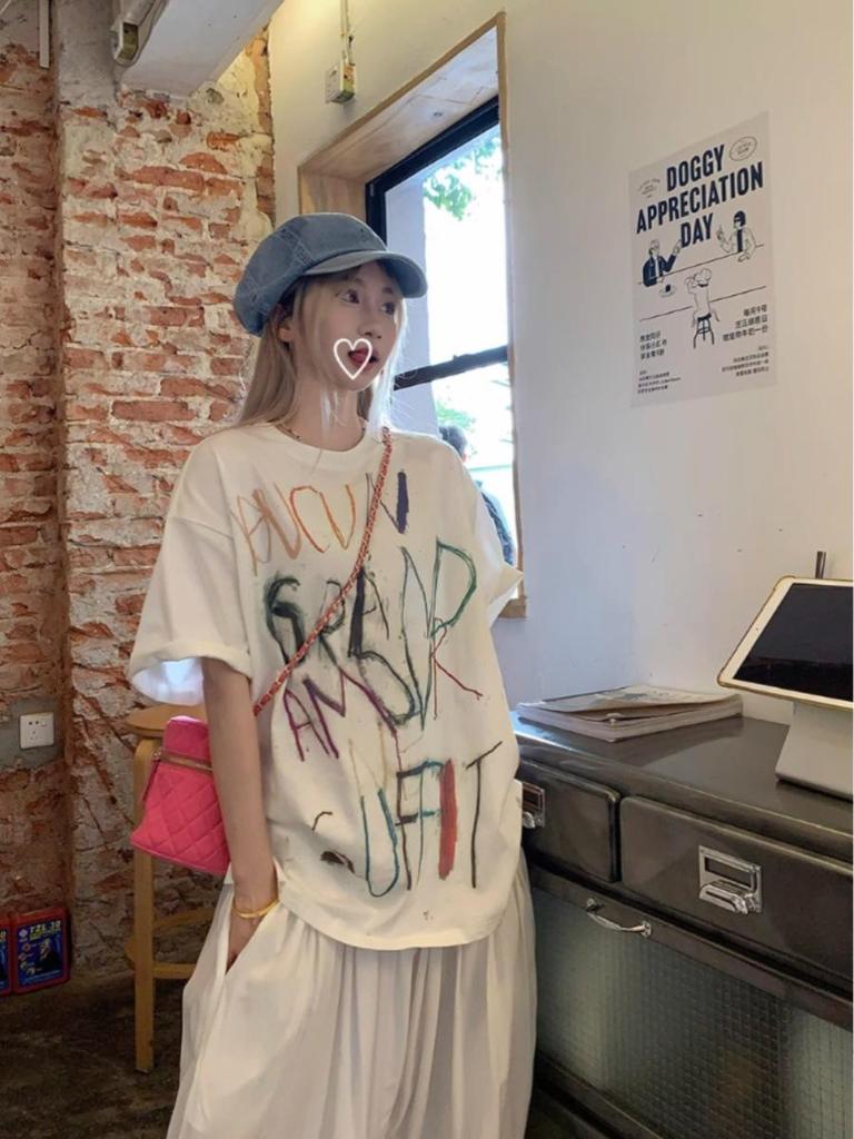 Plus Size Women's Summer Retro Letter Graffiti Short Sleeve Oversized T-Shirt