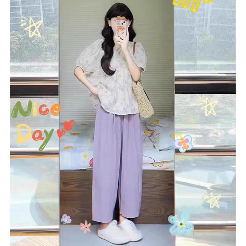 2026 Summer French Puff Sleeve Floral Top + Purple Wide-Leg Pants Set L