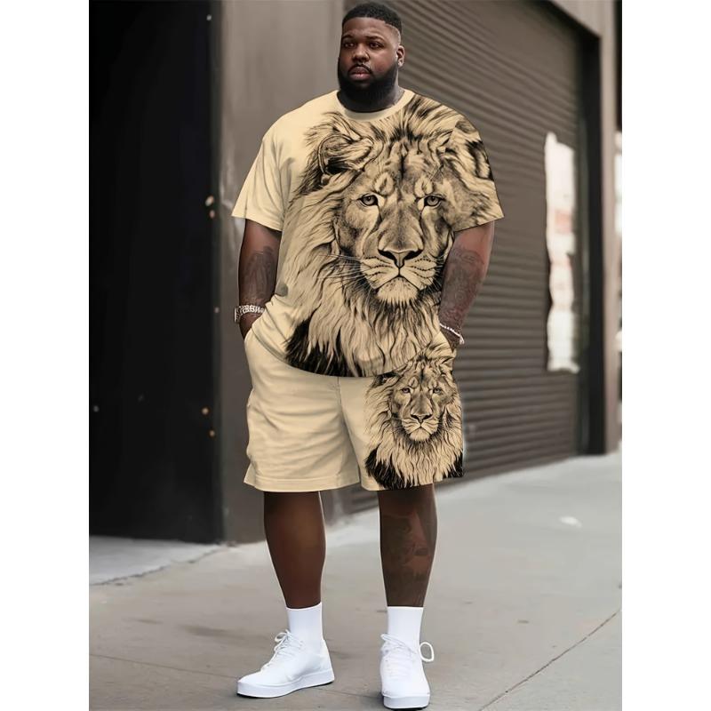 Large size 3D lion print men s T-shirt shorts set for sports S