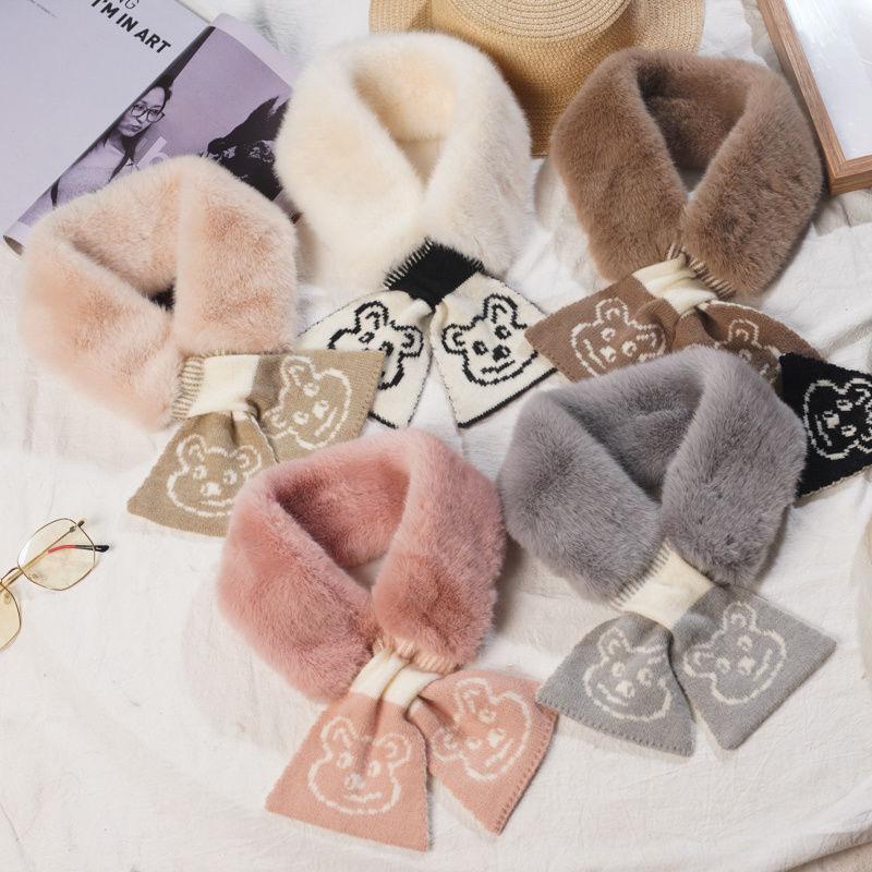 New Bear Scarf Women's Korean Style Winter Warm Wool Imitation Rabbit Hair Solid Color Versatile Plush Scarf