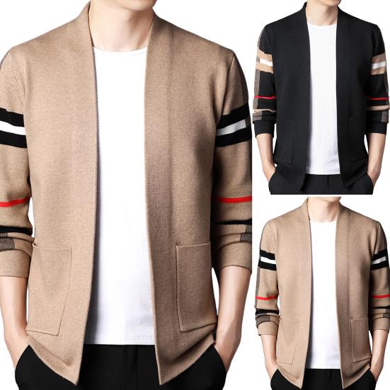 Long Sleeves Pockets Thickened Warm Cardigan Sweater Men Autumn Winter Patchwork Color