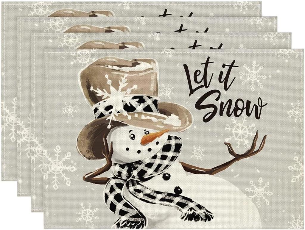 Black Snowman Snowflakes Let it Snow Winter Placemats Set of 4 12x18 Inch Christmas Table Mats for Party Kitchen Dining Decor