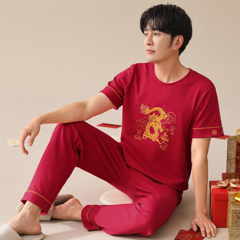 Lycra Cotton Pajamas Couples Summer Short Sleeves Thin Fashion Plaid Red Wedding Loungewear Suit Outside