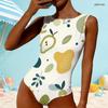 Women Plus Size High Round Neck Sleeveless Abstract Fruit Printed One Piece Swimsuit