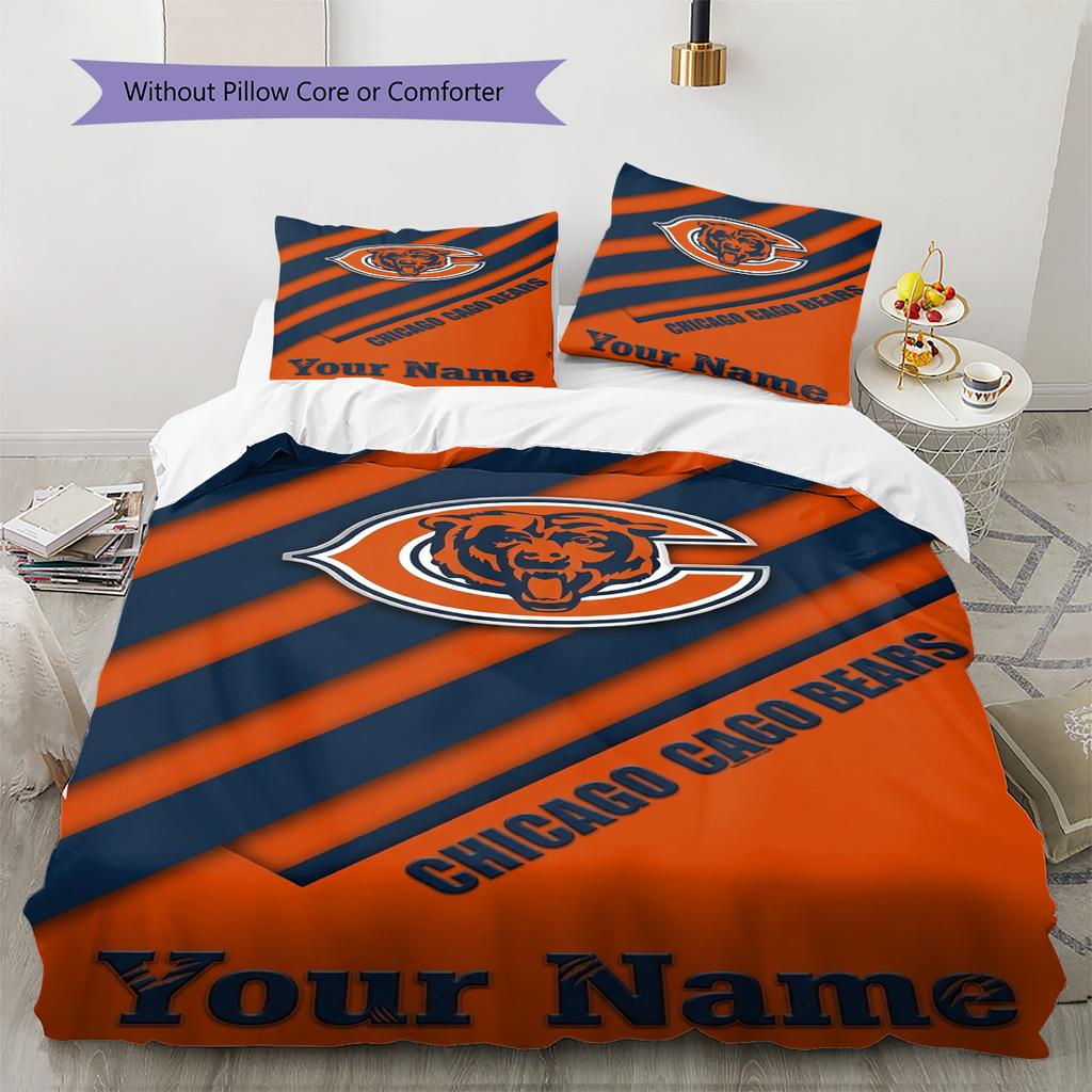 Name Custom Chicago Bears Logo Pattern Bedding Set Quilt Cover Pillowcase Home Decor Gift (1 * Duvet Cover + 2 * Pillowcase, Without Core)