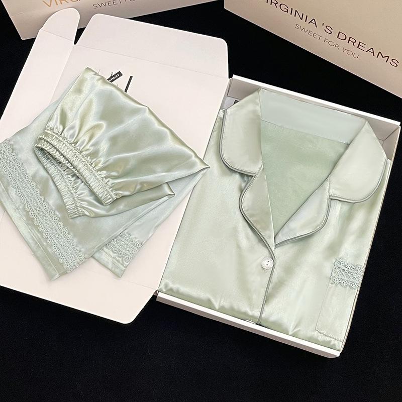 Solid Color Hollow Lace Edge Pajamas Summer Women'S Ice Silk Summer Short-Sleeved Shorts High-End Home Set