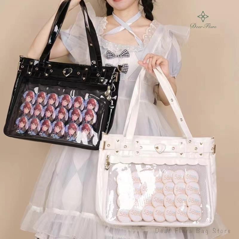 Women's Lolita Fashion Ita Bag Japanese Style Kawaii Shoulder Messenger Crossbody Bags Transparent Front Pocket DIY Tote Handbag