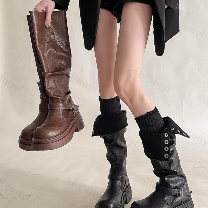 Mode Damenmode Ritterstiefel Herbst Winter Mode Schnallenriemen Cowboy Stiefel Bequeme Höhenerhöhung Rutschfeste Mid-Calf Stiefel