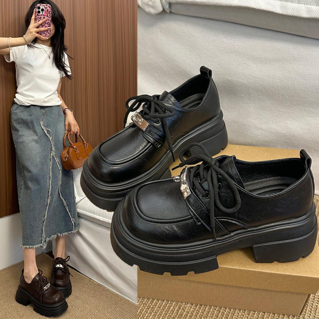 Retro Brown Small Leather Shoes Women's Summer 2025 New Lace-up Platform Versatile Single Shoes British Style Loafers Women
