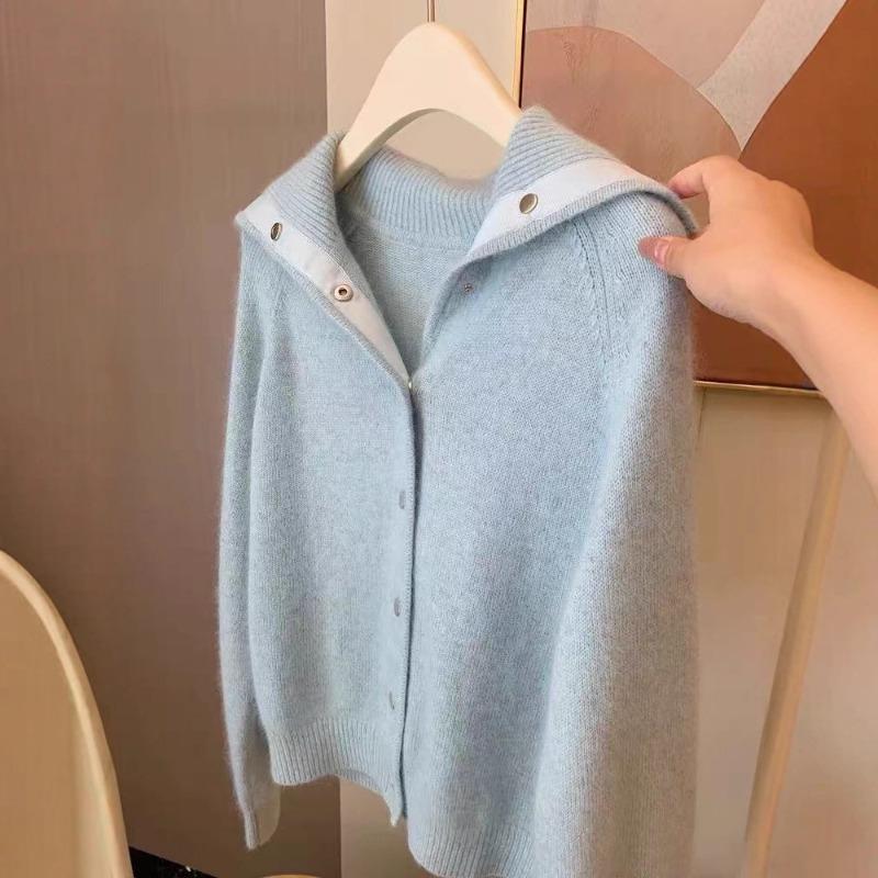 Lapel milk whirring blue soft waxy outer sweater jacket knitted cardigan women's loose lazy style high-end top