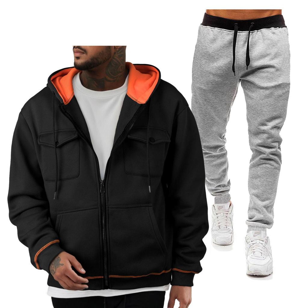 Men's 220g Pullover Hoodie Sweatshirt with Double Pockets and Zip-Up Cardigan Sports Casual Set