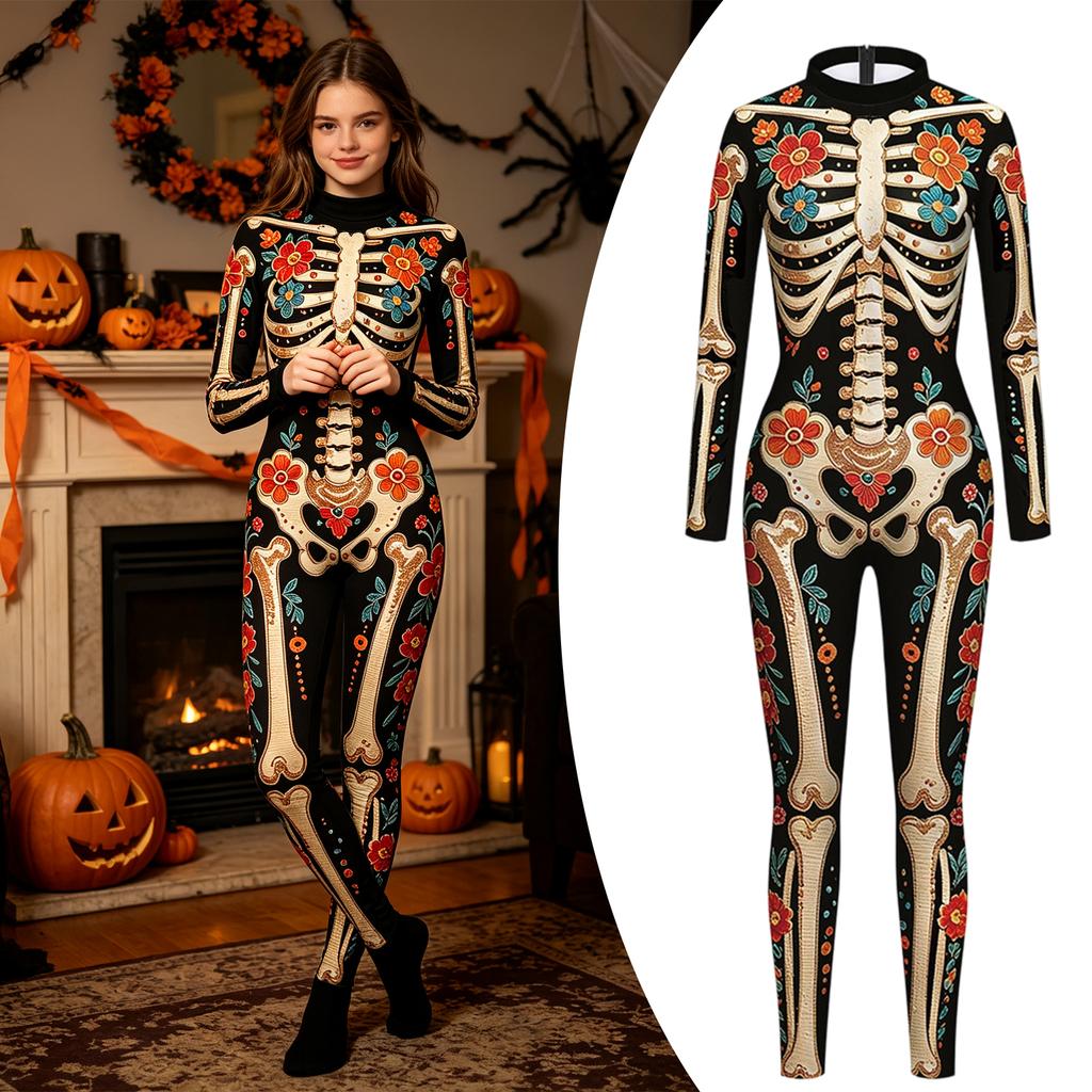 Costume Tuta Diavolo da Donna per Halloween con Design Floreale Messicano per Feste Cosplay