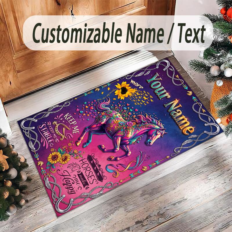 Horse Theme Crystal Velvet Floor Rug Personalized Custom Name Text Warm Carpet Home Decoration