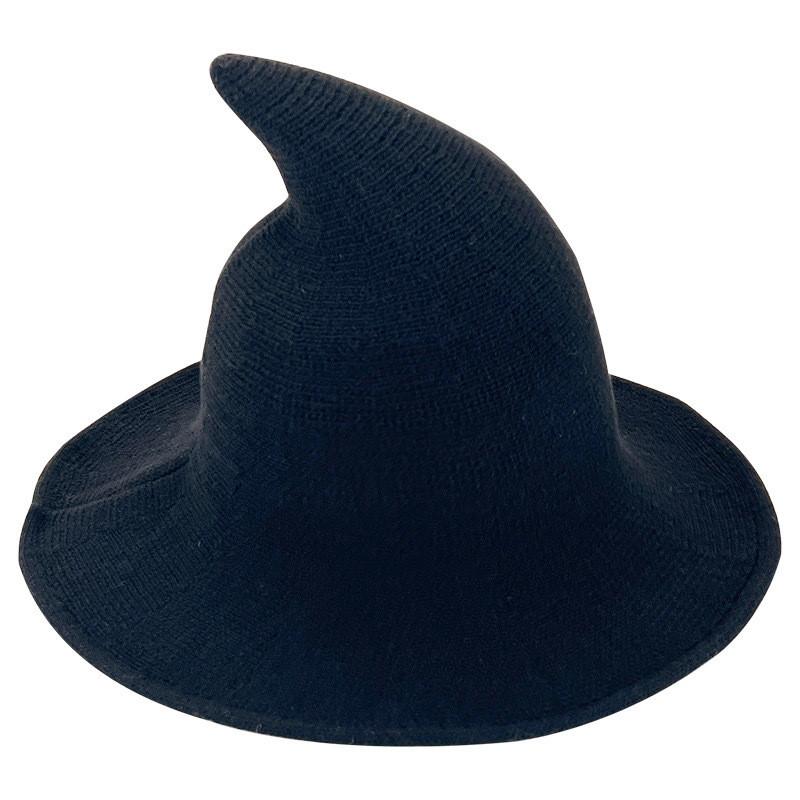 Black Knit Witch Hat With Large Brim And Sunshade Function For Cosplay And Seasonal Celebrations