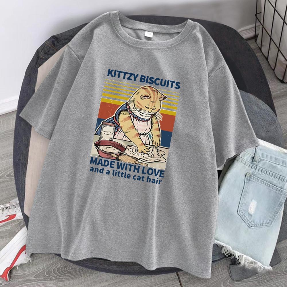 Kittzy Biscuits Made with Love and A Little Cat Hair Unisex Cotton TShirts Summer Breathable ONeck Tops Casual Unisexs Tee Clothing