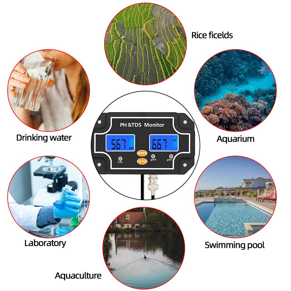LCD Digital Water Quality Monitor 2 in 1 PH&TDS Tester 0-14pH Meter TDS Detector Waterproof Water Analyzer for Fish Tank Pool