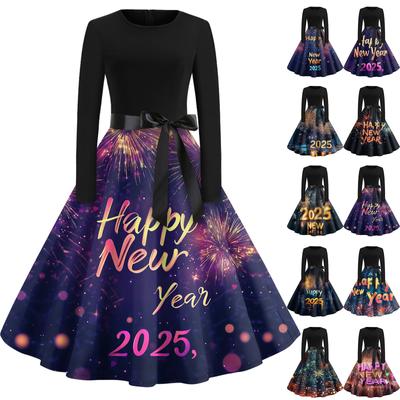 Γυναικείο Vintage Κλασικό Φόρεμα Μακρυμάνικο με Πρίιτ Στρογγυλή Λαιμόκοψη Φόρεμα Swing