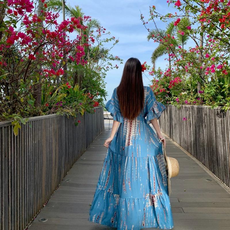 Bali Wear Blue Collar Print Beach Dress Seaside Vacation Bohemian Dress