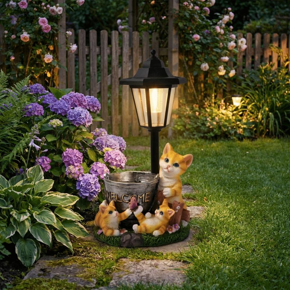 Doppelter Blumentopf Solare Katzenstatue Massives Material Handbemalte Harz-Außenfigur Licht Warmes LED-Licht Wetterbeständig
