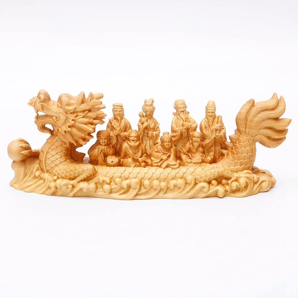 Seven Lucky Gods Treasure Ship Natural Boxwood Auspicious Wooden for Academic Housewarming Buddhist Gods of Wooden Carving of the Seven Lucky Gods 7 x