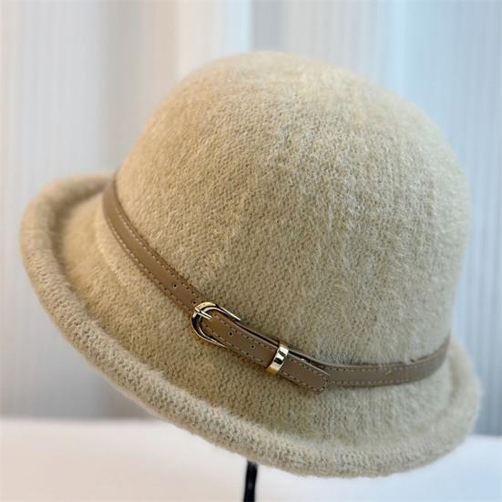 Yousheng Basin Hat Solid Color Plush Fabric Bucket Hat with Belt Decor Retro Style Basin Hat Autumn Winter Outdoor Activities Daily Wear