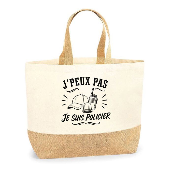 Sac J’peux pas je suis Policier J'peux pas minimaliste | Cabas en Coton avec Fond Jute 18 L 48 × 37 × 13 cm | Marché Shopping Plage