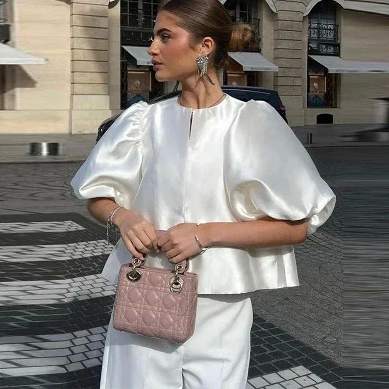 

Solid Color Bubble Sleeve Loose Short Top Puff Sleeves Loose Crop Top Ivory S