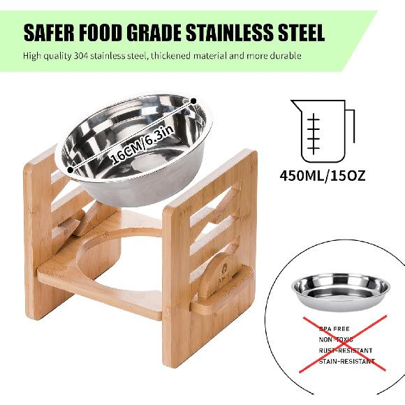 Elevated Dog Bowl, 6 Heights Adjustable Raised Dog Bowl 2.4″-6.7″, with Food Grade 304 Stainless Steel 15 OZ, Bamboo Dog Bowl Stand for Small &