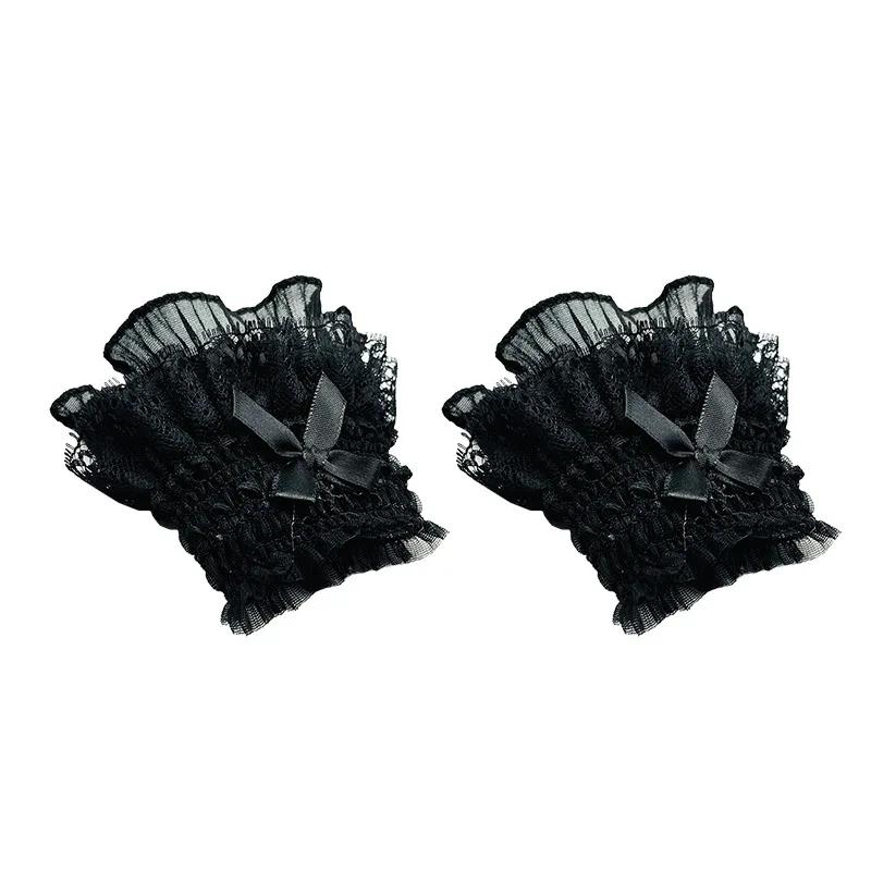 

Gothic Lolita Hand Wrist Cuffs Bowknot LaceTrim Maid Cosplay Accessories For Women Girl Party One Size