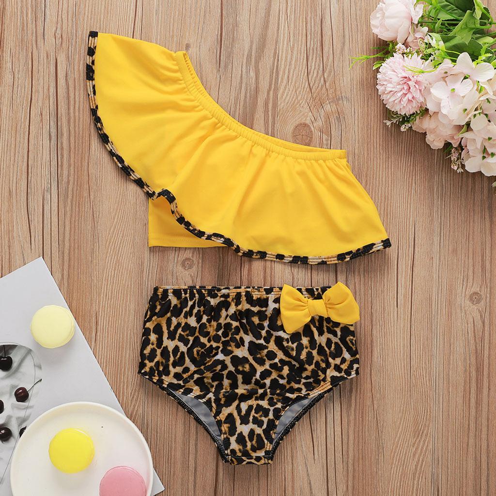 Girls Tropical Leopard Ruffle Swimsuit – Kids Palm Tree 2 Piece SPF 50 Swim Set main image 0