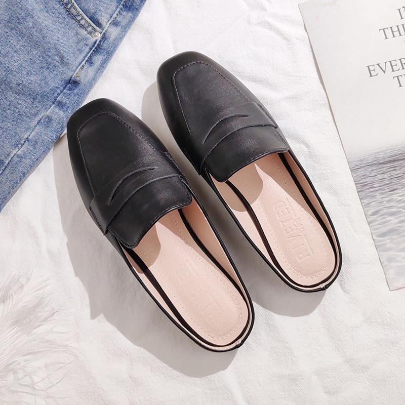 

Модные черные кожаные тапочки, мюли с закрытым носком, размеры 31-44, плоская подошва, модный дизайн, новый стиль для весны и осени 2025 44 чёрный