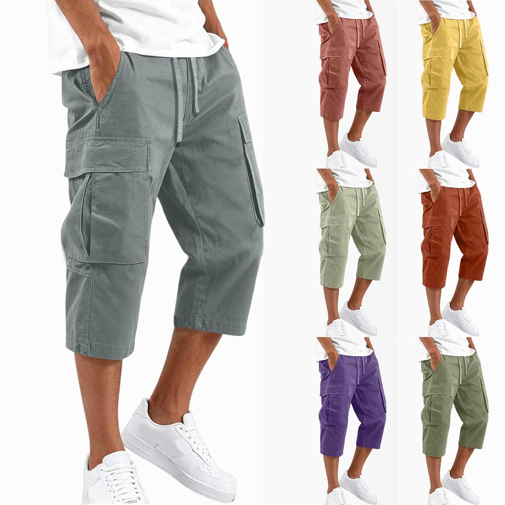 Men's Cargo Work Pants Drawstring Waist Multi Pocket Casual Capri Pants Three Quarter Length Durable Fabric Relaxed Fit
