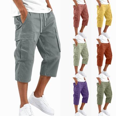 Men's Cargo Work Pants Drawstring Waist Multi Pocket Casual Capri Pants Three Quarter Length Durable Fabric Relaxed Fit