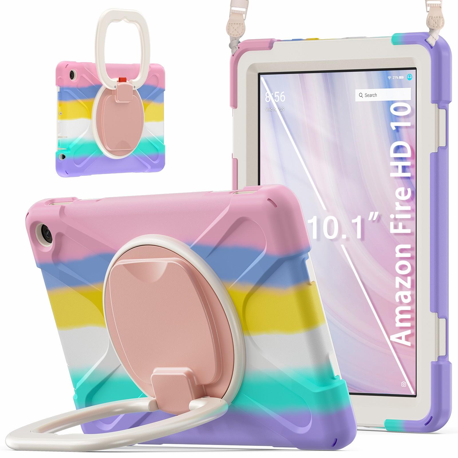 

For Amazon Fire HD 10 (2023) Case Kickstand Rugged Tablet Cover with Shoulder Strap Colorful Pink