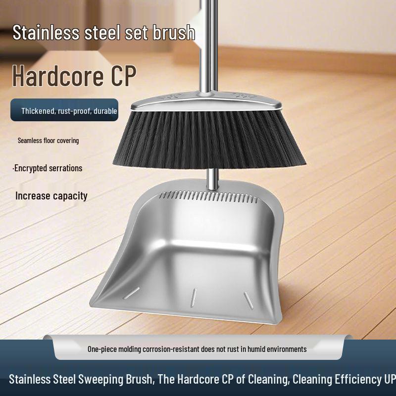 Stainless Steel Dustpan and Broom Set - Two-Piece Household Cleaning Set