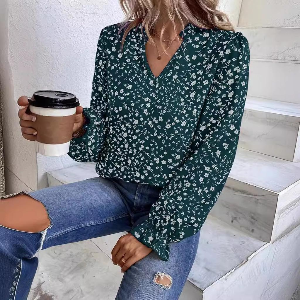 Autumn Women's Floral Pullover V-neck Ruffled Sweet Long-sleeved Printed Shirt