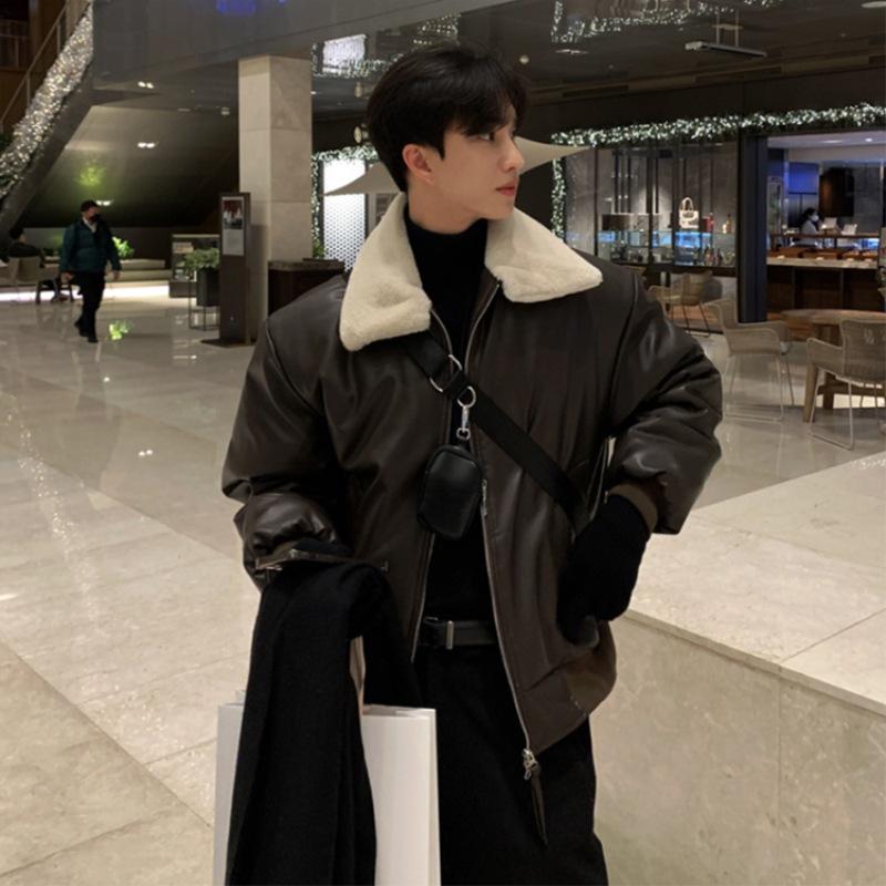 Men's Autumn/Winter Korean Style PU Leather Coat with Fur Collar and Thick Lamb Wool Lining