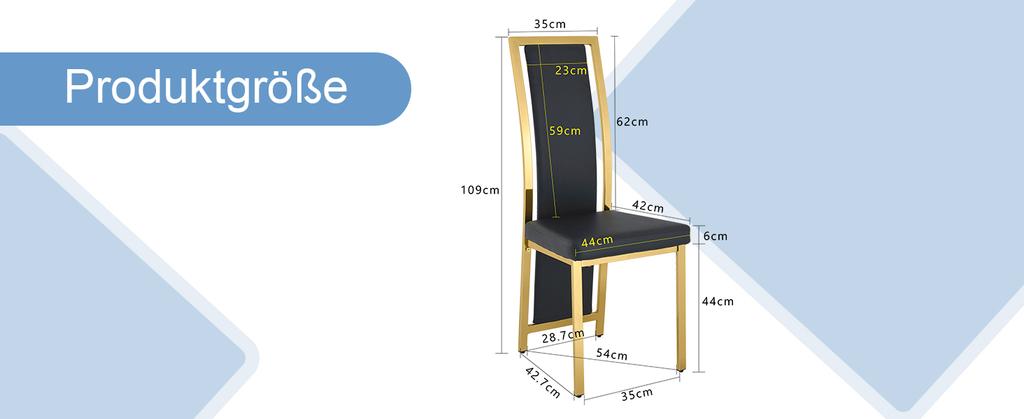 [Set of 2] European Minimalist Dining Chairs with Gold Edge. Black PU Leather + Gold-glossy Metal Frame, 109 Cm High, for Versatile Use.
