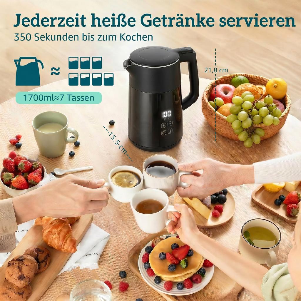 Czajnik elektryczny, 1,7 l, Szybkie gotowanie, 2200 W, z wyświetlaczem LED, Funkcja podtrzymywania temperatury, Zabezpieczenie przed zagotowaniem na sucho, Bez PTFE