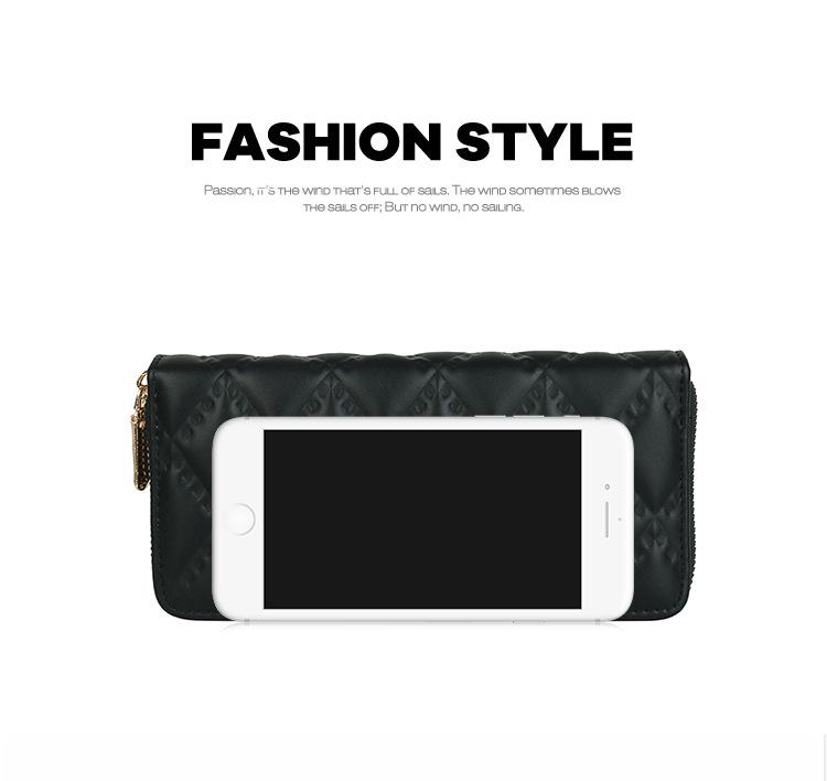 Women's Medium-Length Diamond Pattern Embossed PU Wallet Clutch - Solid Color with Zipper Coin and Phone Slots
