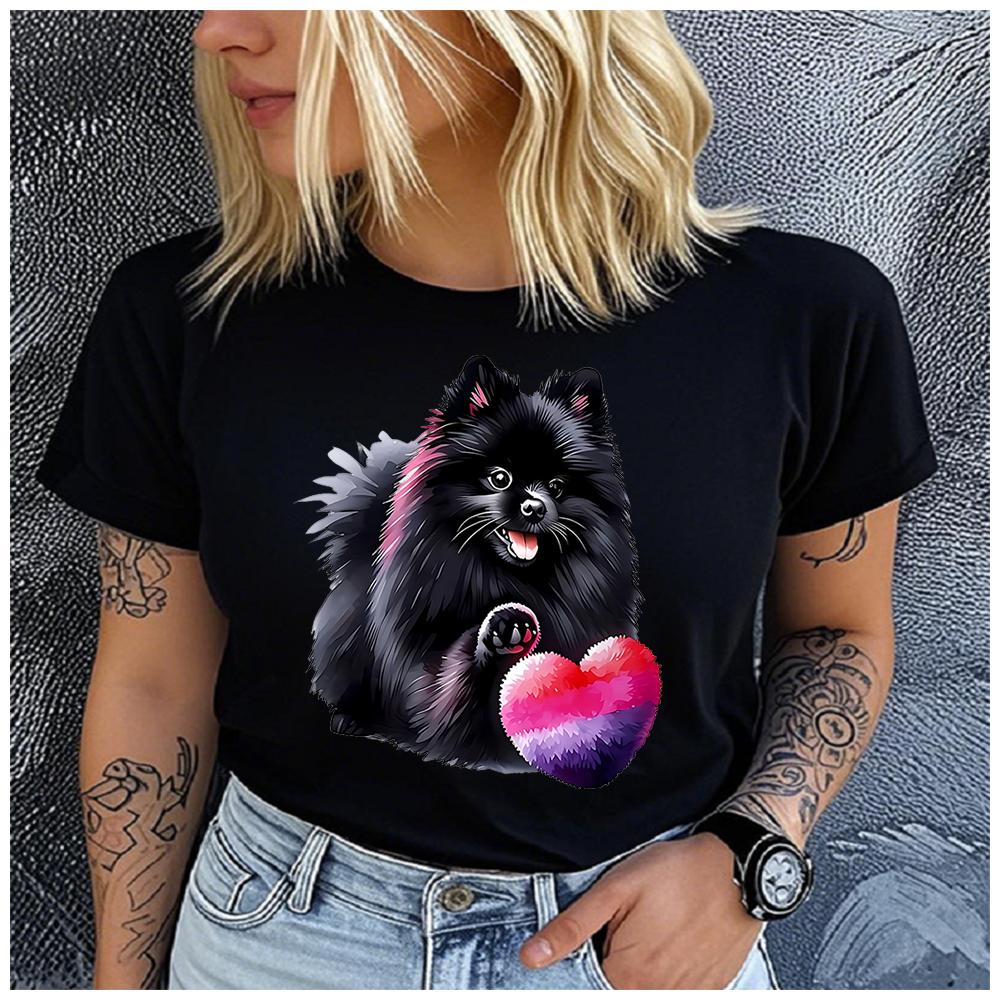 Unisex 100% Polyester Summer Top Black Pomeranian dog Print Loose round Neck Short Sleeve Fashion for Lovers