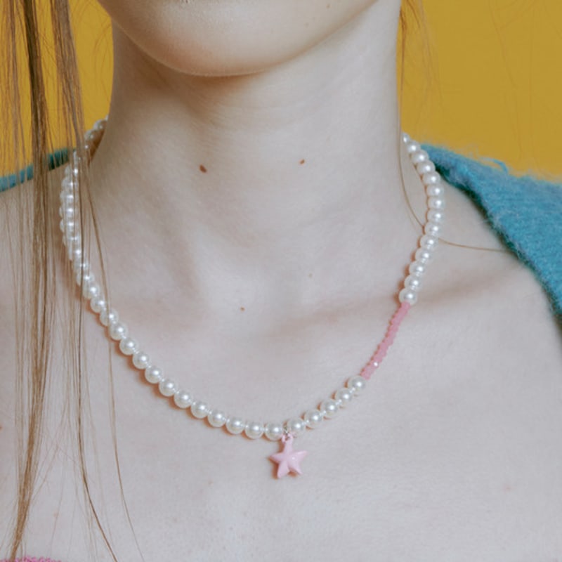 VINTAGE HOLLYWOOD Pastel Star Beads n Pearl Necklace_VH2335NE001B