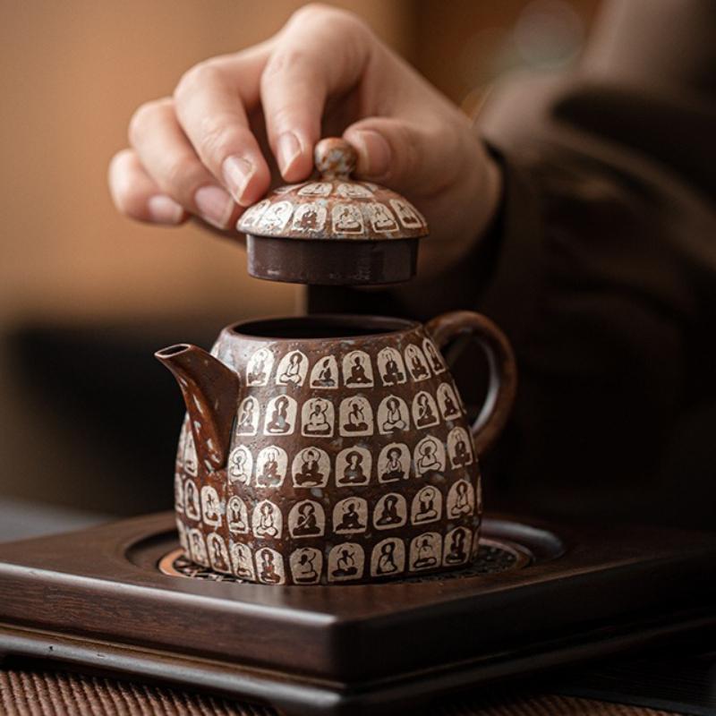 Dunhuang Ten Thousand Buddhas Silver Gilded Ceramic Gongfu Tea Set Chinese Traditional Yixing Teapot Gift Home Decor