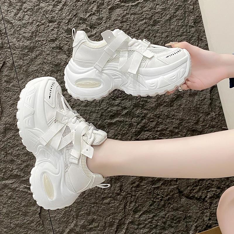 Fashion 7.5CM New 2025 Summer Women Platform Sneakers Thick Bottom Breathable Mesh Casual Chunky Shoes High Heel Sports Dad Shoes Woman