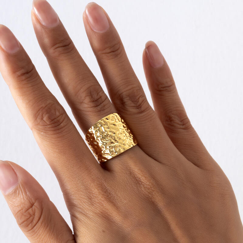 Punk Hammer Patterned Wide Edged Adjustable Opening Rings for Women Gold Color Stainless Steel Rings Party Jewelry Gifts