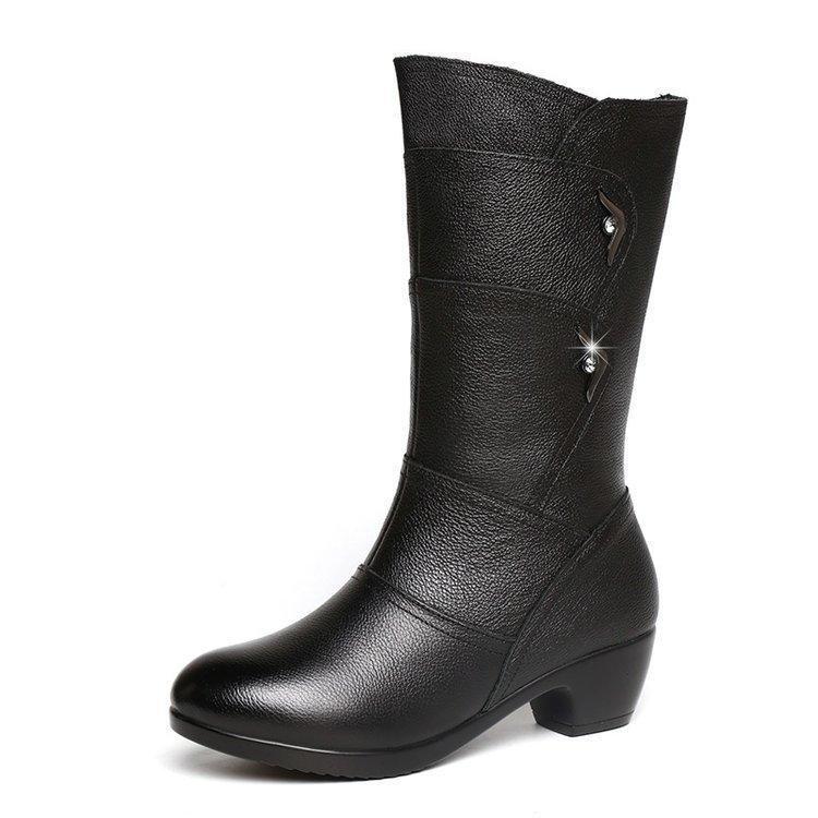 Women's Winter Wool Boots, Medium Length Thick Heel High Boots, Warm Cotton Shoes for Mother