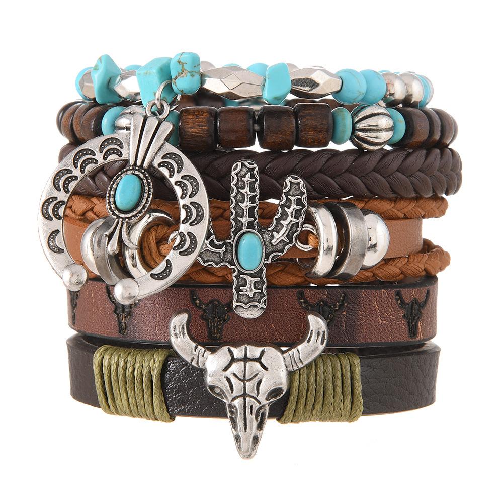 Cross-border new products Bohemian wind beads beaded retro bull head moon cactus alloy multi-layer diy6-piece set