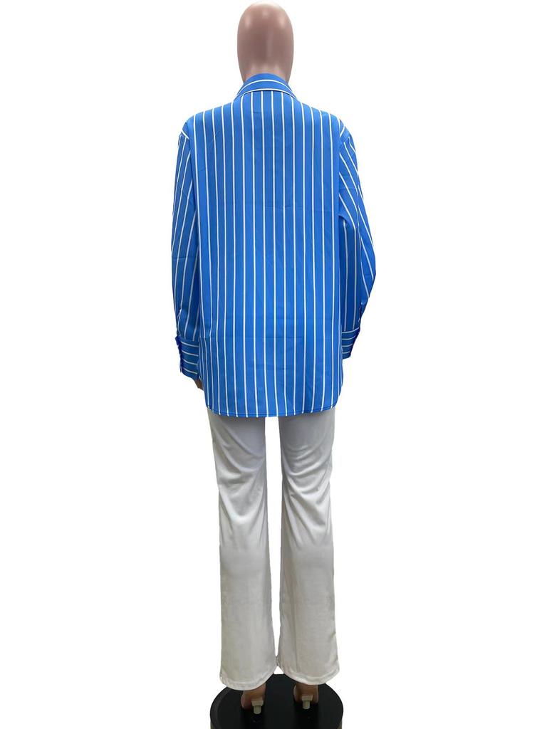 M6021: European & American Spring 2025 Casual Blue/White Striped Shirt - Loose, Fashionable, Versatile.