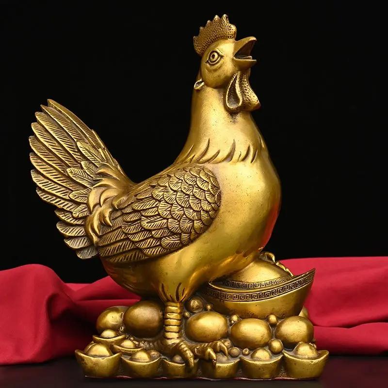 Pure Copper Rooster Statue, Fengshui Crafts, Home Office Decor Zhaocai Zodiac Small Animal Chicken Ornament Sculpture Decoration